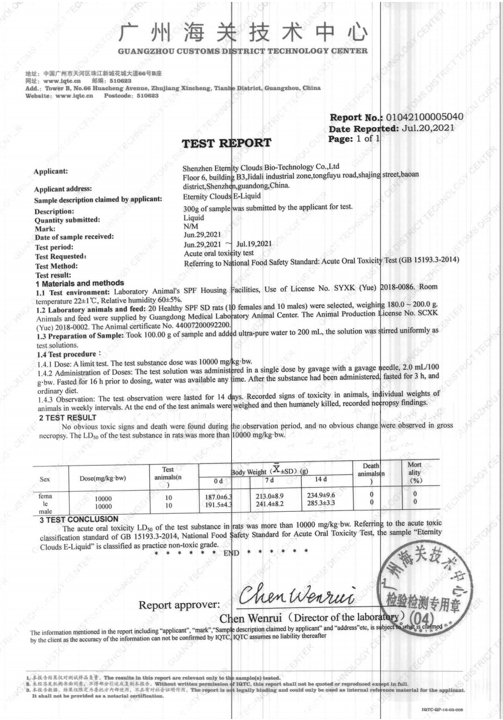 Acute Oral Toxicity Test Report